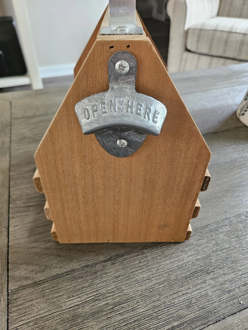Wooden Caddy with Metal Handle and Bottle Opener - Natural Wood